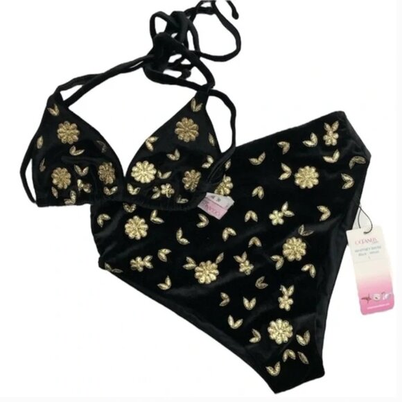 Oceanus Gold Embroidered Flowers Whitney Velvet Two-piece Bikini Set size L - Picture 2 of 5